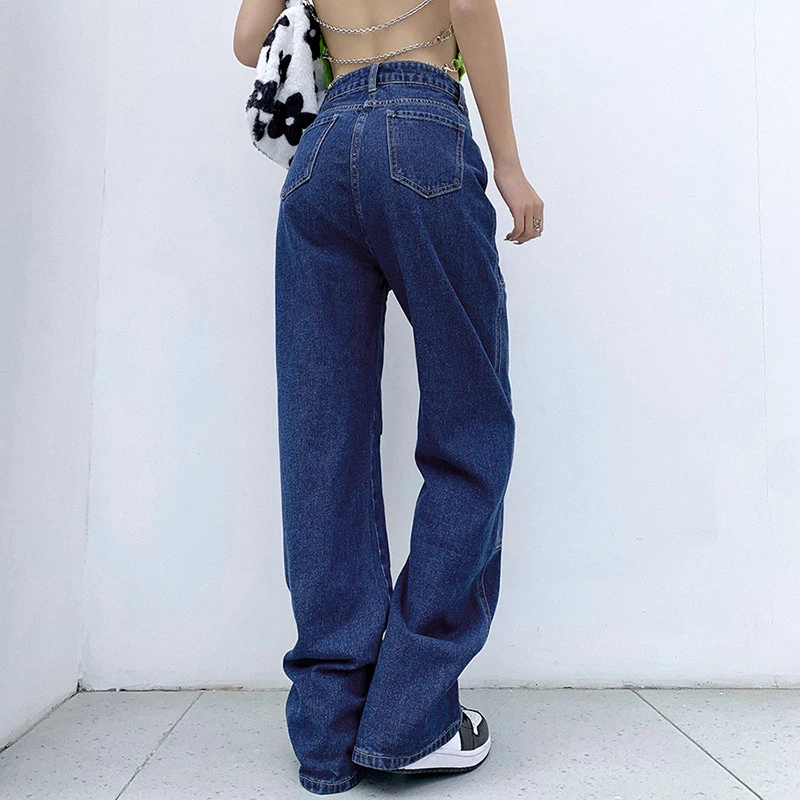 Women Fashion High Waist Harajuku Patchwork Stitched 90s Aesthetic Loose Jeans Y2k Blue Straight Vintage Cargo Denim Pants Pop