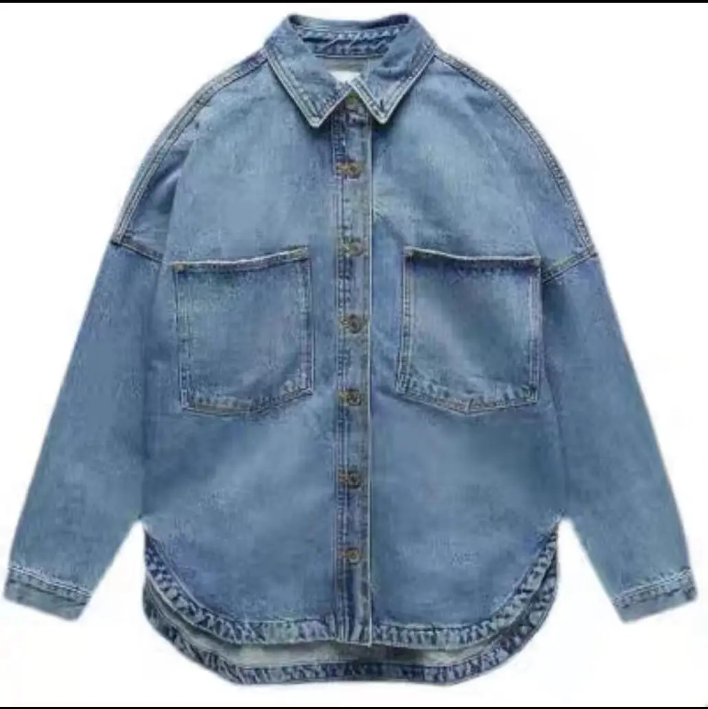 Женская джинсовая куртка оверсайз модная шикарная рубашка с карманами и длинным