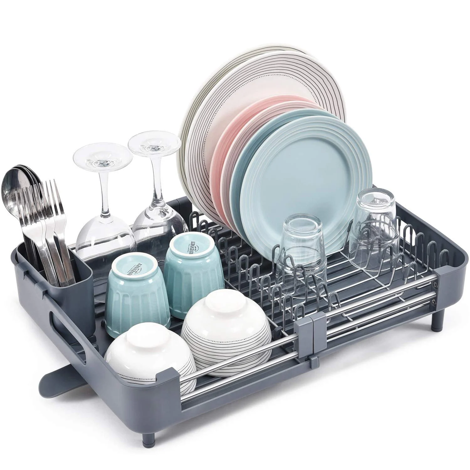 Adjustable Dish Drying Rack,Expandable Dish Rack,Foldable Stainless Steel Dish Drainers With Removable Cutlery Holder&Drainboard