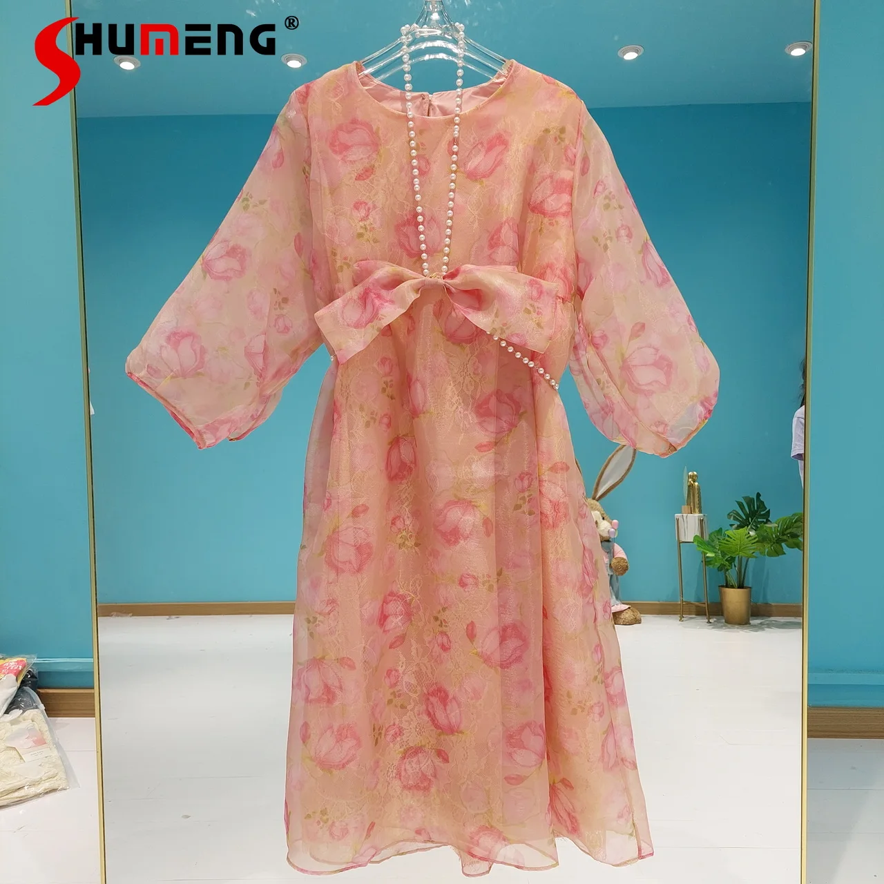

2022 Summer New Ladies Korean Chiffon Fairy Pearl Bow Necklace Dress Women's French Fashion Sweet Princess Short-Sleeved Dress