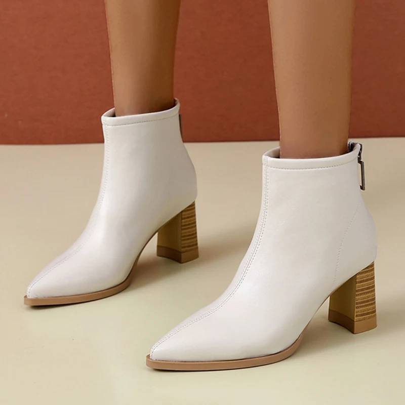 

JMPRS Pointed Toe High Heels Ankle Boots Women 2022 Autumn PU Leather Thick Heeled Boots Woman Back Zipper Short Botas Mujer