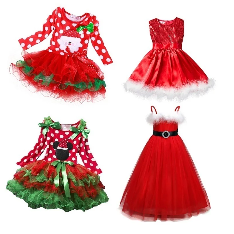 

Baby Girls Polka-dot Christmas Dresses Santa Claus Long Sleeve Winter Red Xmas Party Princess Dress Cute Kids Prom Gown