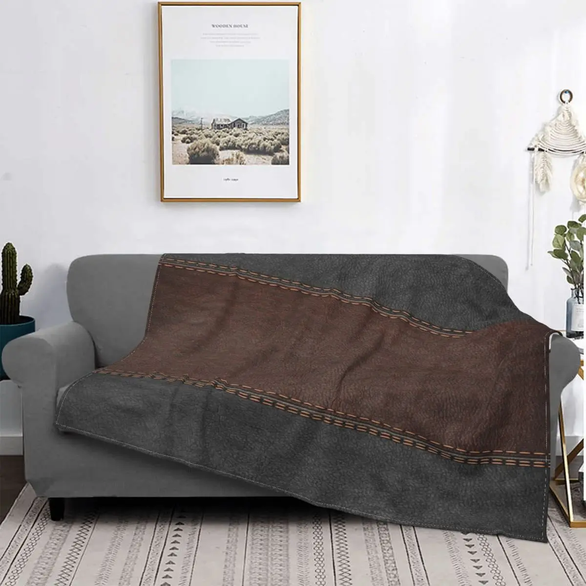 

Fleece Black And Brown Stitched Leather 3D Print Throw Blanket Warm Flannel Medieval Style Blankets for Bed Couch Bedspreads