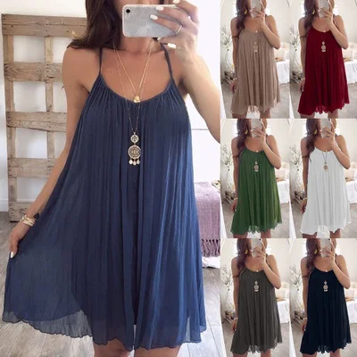 

Women's summer new solid color pleated sling chiffon dress