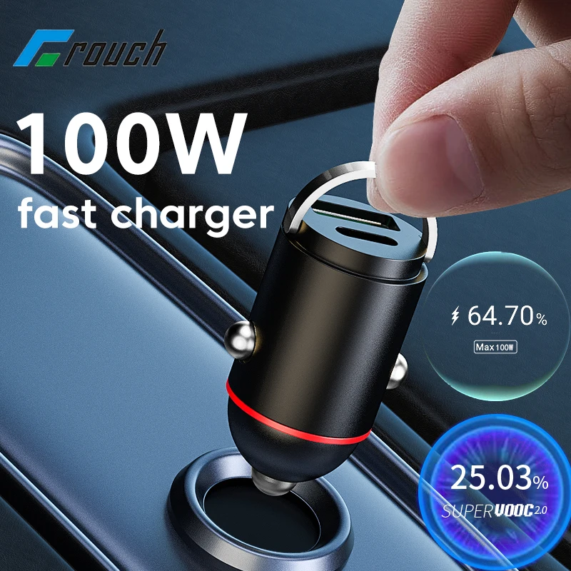 

Mini 100W Car Charger Fast Charging PD QC3.0 USB Car Charger Type C Metal Hidden Pull Ring Adapter For iPhone Xiaomi Samsung