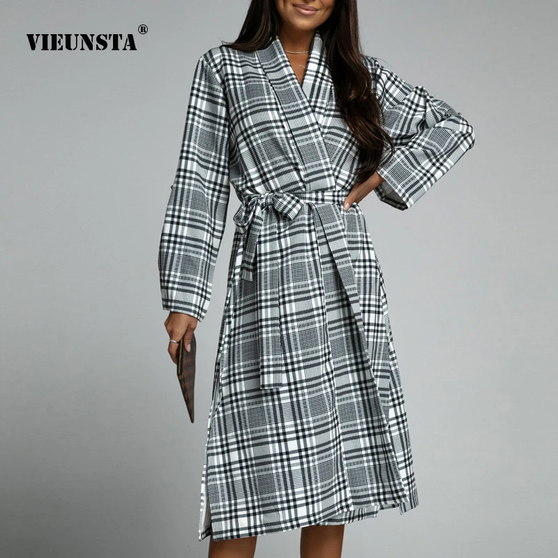 

Женское элегантное платье миди с отложным воротником, поясом и рукавом 2022