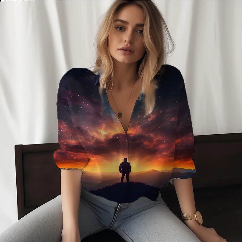 

Summer new ladies shirt looking up at the universe 3D printed lady shirt casual style ladies shirt fashion loose lady shirt