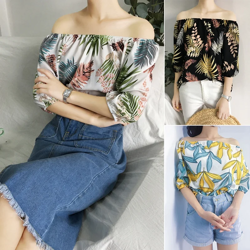 

Women Summer Boho Floral Blouses Sexy Slash Neck Top Shirt Half Sleeve Blouse