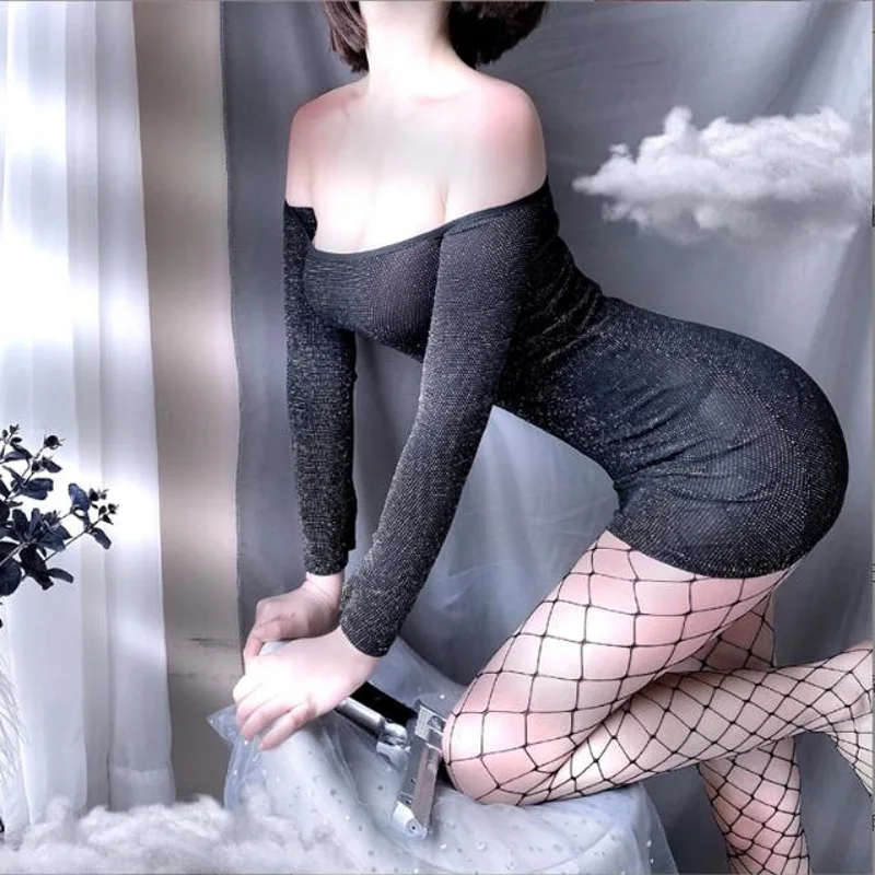 

Sexy and fun lingerie with silver highlights, off shoulder secretary seductive nightclub host uniform, low cut short skirt