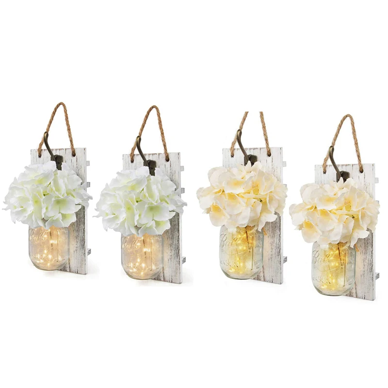 

Mason Jar Sconces With Remote Control,Wall Decor Decorative Flower With LED Strip,For House Decoration(Set Of 2)