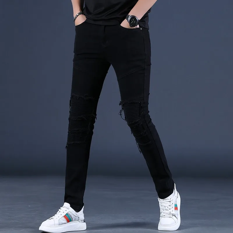 Summer Red Jeans Men Streetwear Casual Slim Fit Straight Pants Fashion Lightweight Ripped Patches Denim Trousers