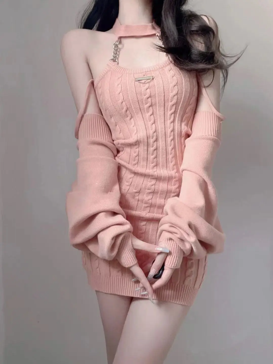 

Pink Knitted Suits Office Lady Sweet Y2k Crop Tops + Mini Dress Women 2023 Autumn Korea Fashion Even Party 2 Piece Dress Set