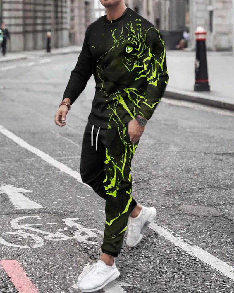 Tracksuit Set Men Smile Face Long Sleeve T Shirts Trousers 2 Piece Casual Sportswear Outfits Oversized Streetwear Jogging Suit