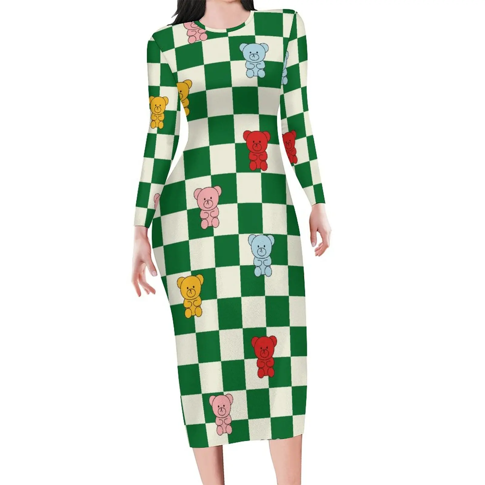 

Colorful Bear Bodycon Dress Spring White Green Checkerboard Trendy Dresses Woman Long Sleeve Design Aesthetic Dress 3XL 4XL 5XL