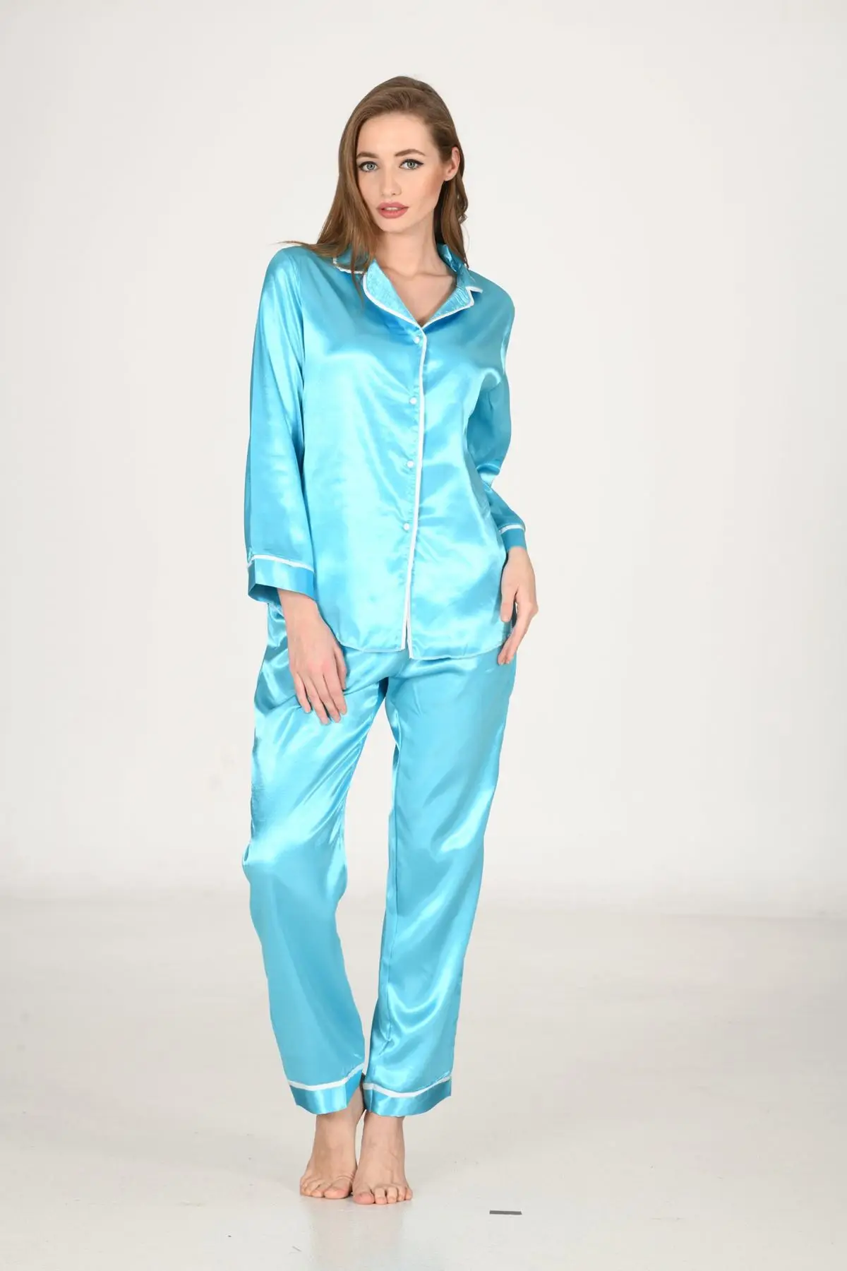 

Satin Pajamas Suit women's home clothing long sleeve button plus size casual cut two piece set