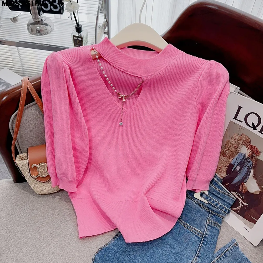 

Женский свитер с буфами на цепочке, элегантный однотонный вязаный пуловер-Футболка с рукавами-фонариками, лето 2023