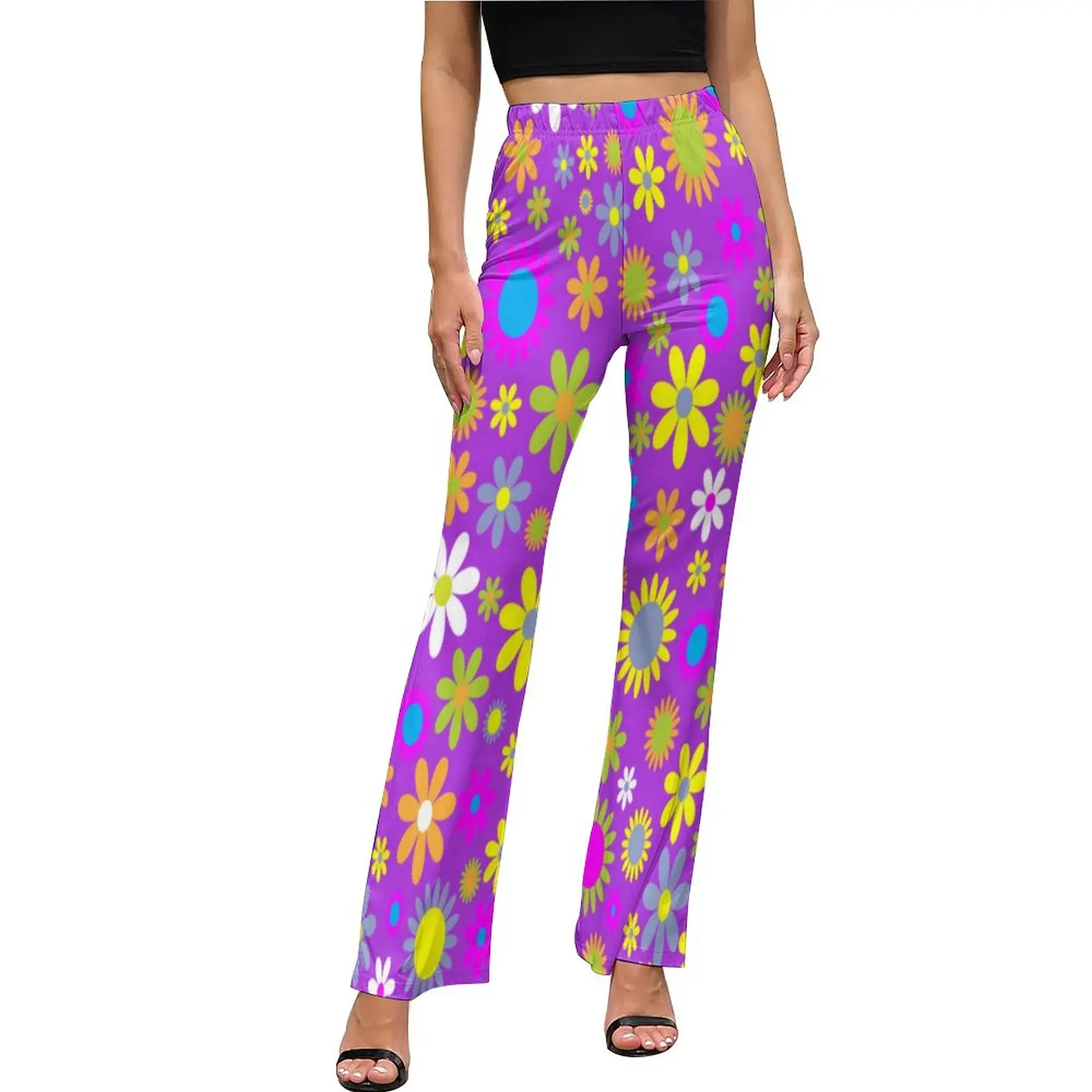Rsychedelic Flower Power Pants Retro 60s Print Casual Flared Trousers Summer Female Printed Aesthetic Slim Fit Pants