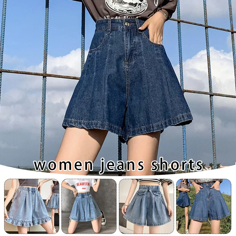 Women Summer Denim Shorts Korean Fashion Ruffles All Match  Short Pants Wide Leg Loose High Waist Short Pants Jeans 6XL