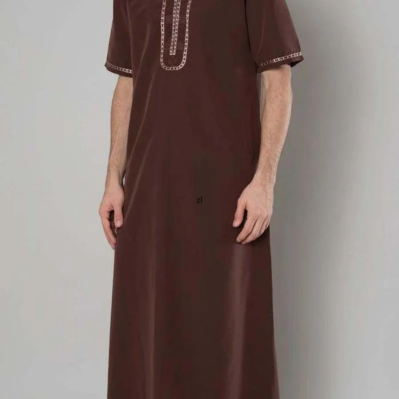 Men's Robe Dubai Muslim Embroidered Short Sleeve Comfortable Breathable Spring Summer 2022 Kaftan Moroccan Saudi Dubai Vestidos