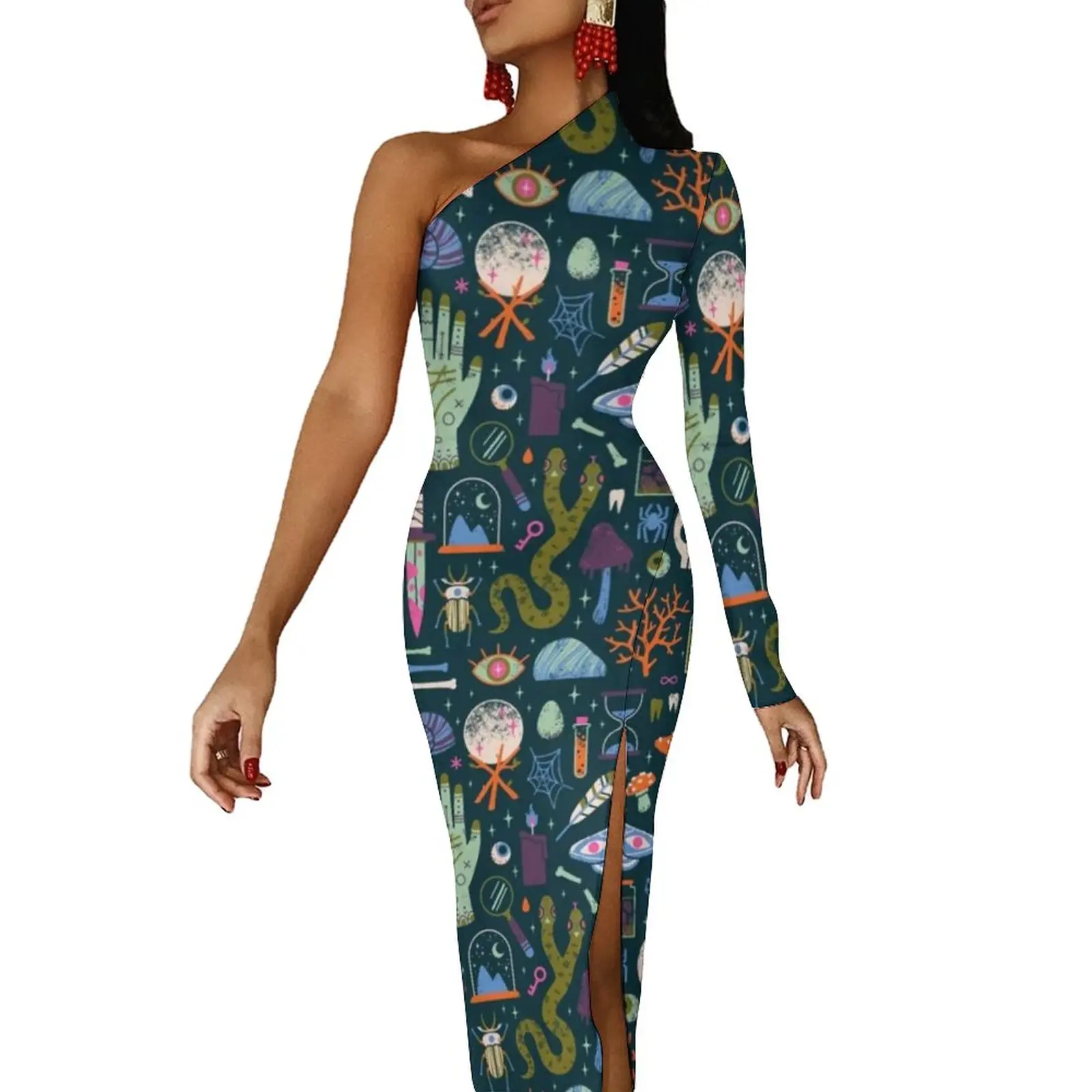 

Spell Skull Bodycon Dress Cabinet Of Curiosities Spooky Halloween Sexy Long Dresses Women One Shoulder Print Aesthetic Dress
