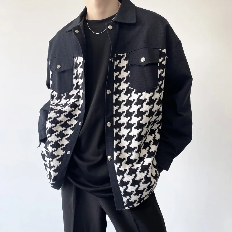 

Korean Fashion Jacket Coat Men Houndstooth Splicing Double-Breasted Turn-Down Collar Outfit Over Fit Retro Clothes Veste Homme