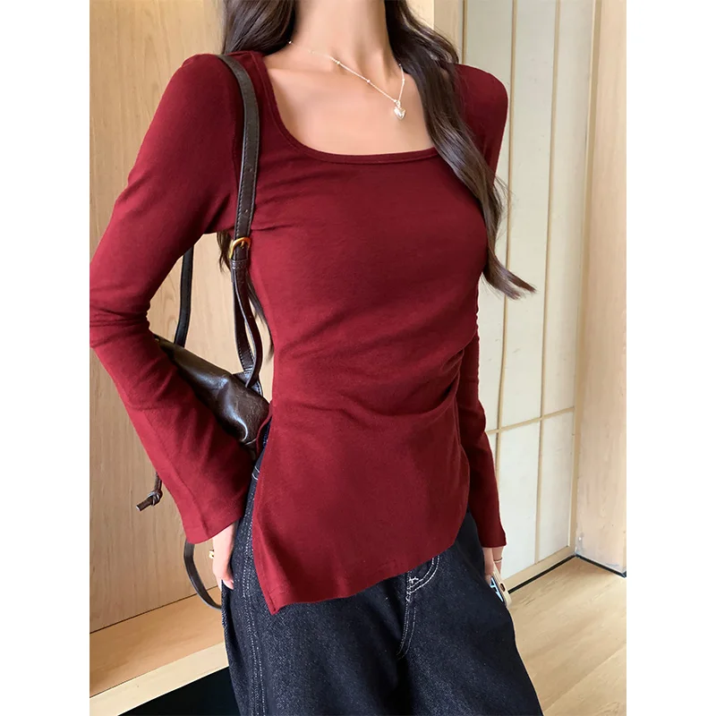Женская облегающая футболка с длинным рукавом и квадратным вырезом
