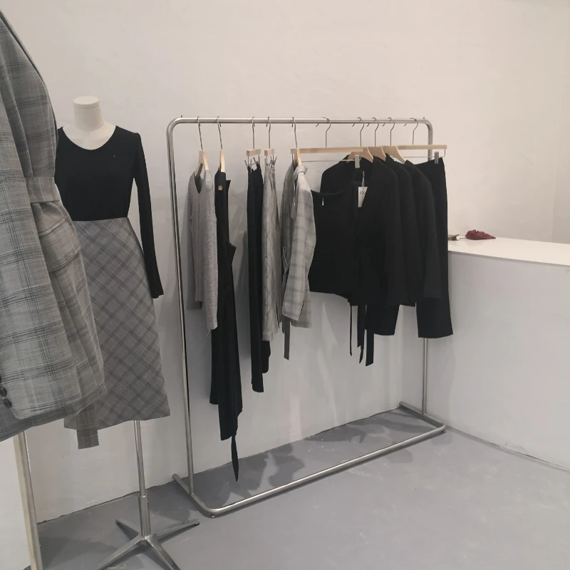 

Clothing store display rack, floor mounted clothes hanging pole combination, simple stainless steel silver display clothes