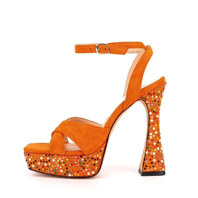 

Flock Platform High Heels Ankle Strap Fashion Orange Sandals For Women 2023 Summer Casual Party Rhinestone Sandals Shoes