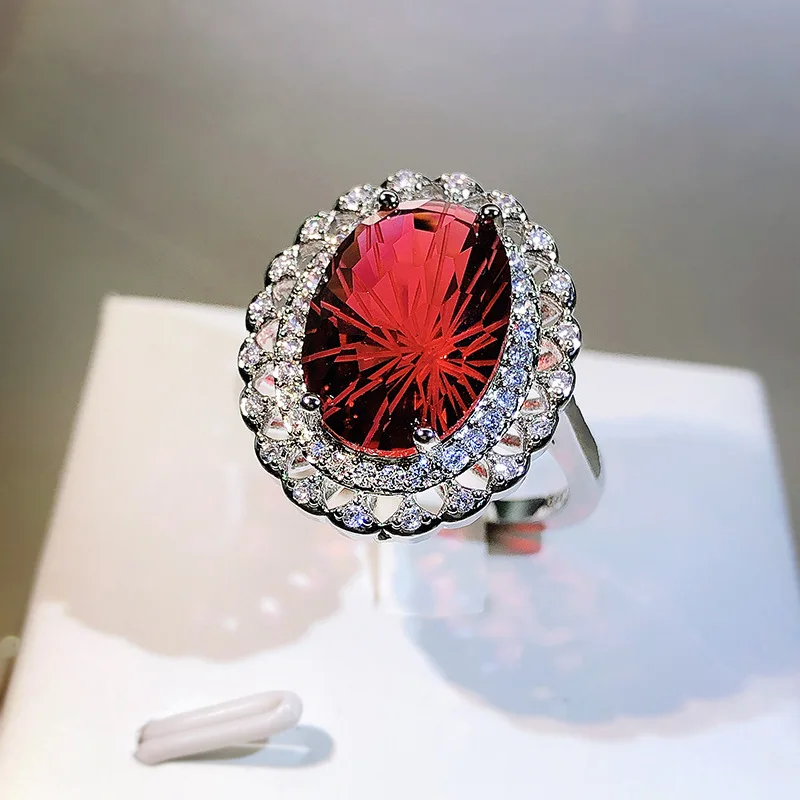 

Sparkling Big Oval Stone Rings for Women Claw Inlay Emerald/Blue/Red Ruby Zircon Round Rings Luxury Fashion Ladies Party Jewelry