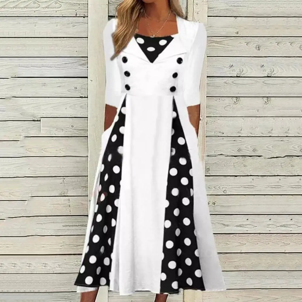

Elegant Women Dress Square Neck Half Sleeve High-Waist Midi Dress Dot Stitching Print Large Hem Lady Dress Female Workwear