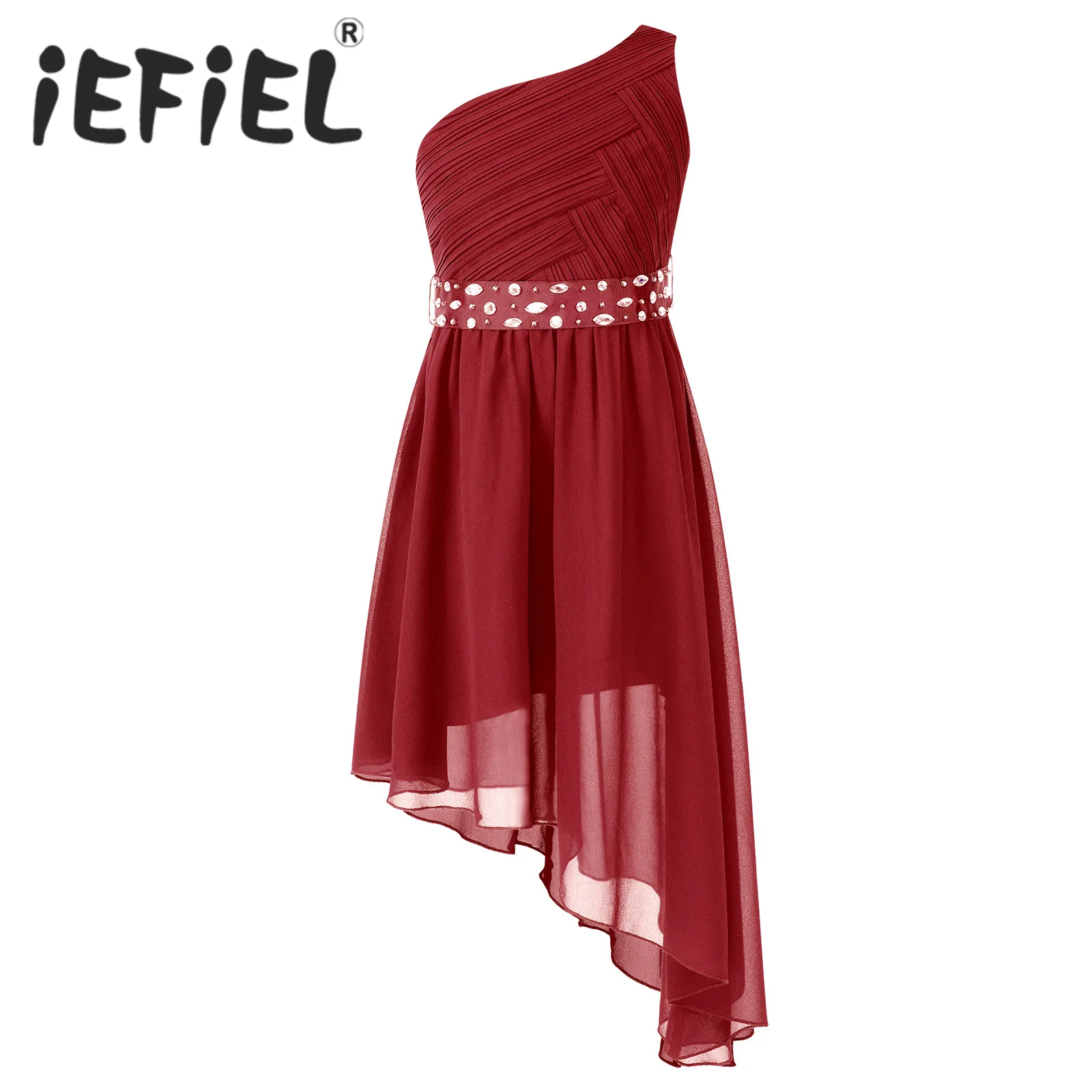 

Kids Girls Summer Chiffon Dress One Shoulder Flower Girls Dress with Belt Sleeveless Asymmetrical Hem Wedding Bridesmaid Dress