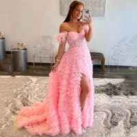 baby tulle ball gown off shoulder long evening dresses with feather long prom dress layered womens dress with slit ever pretty