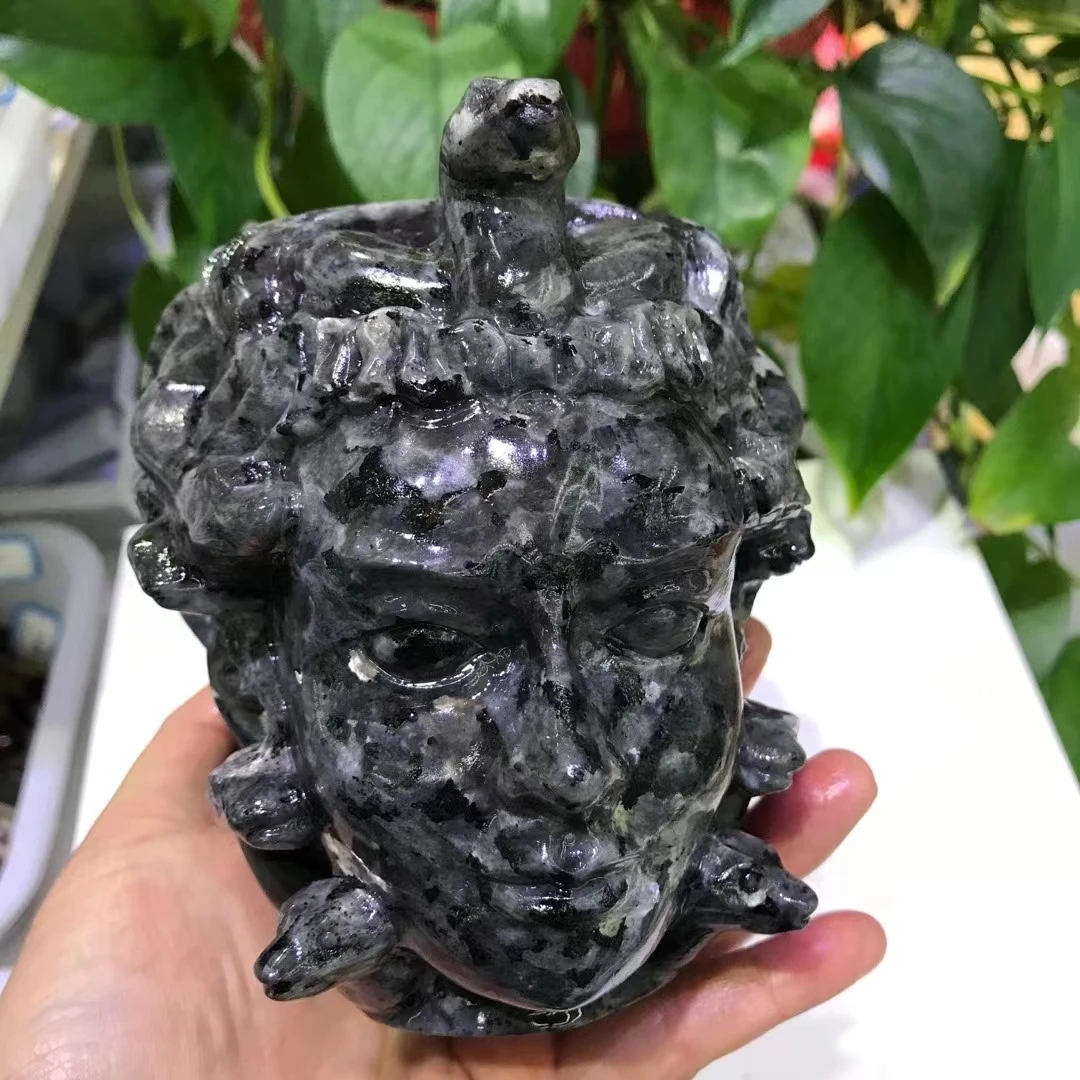 

125mm Natural Stone of fire Carved Medusa Head Portrait Crystal Stone Statue for Wicca Decoration