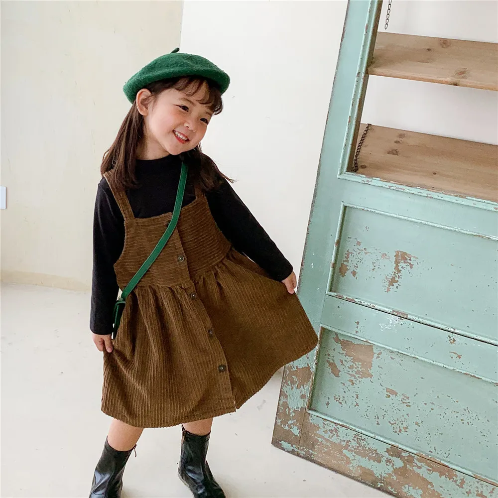 

2023 New Autumn Little Girls Corduroy Dresses Cotton Jumper Kids Sleeveless Fall Dress Children Buttons Baby Clothes Suspenders