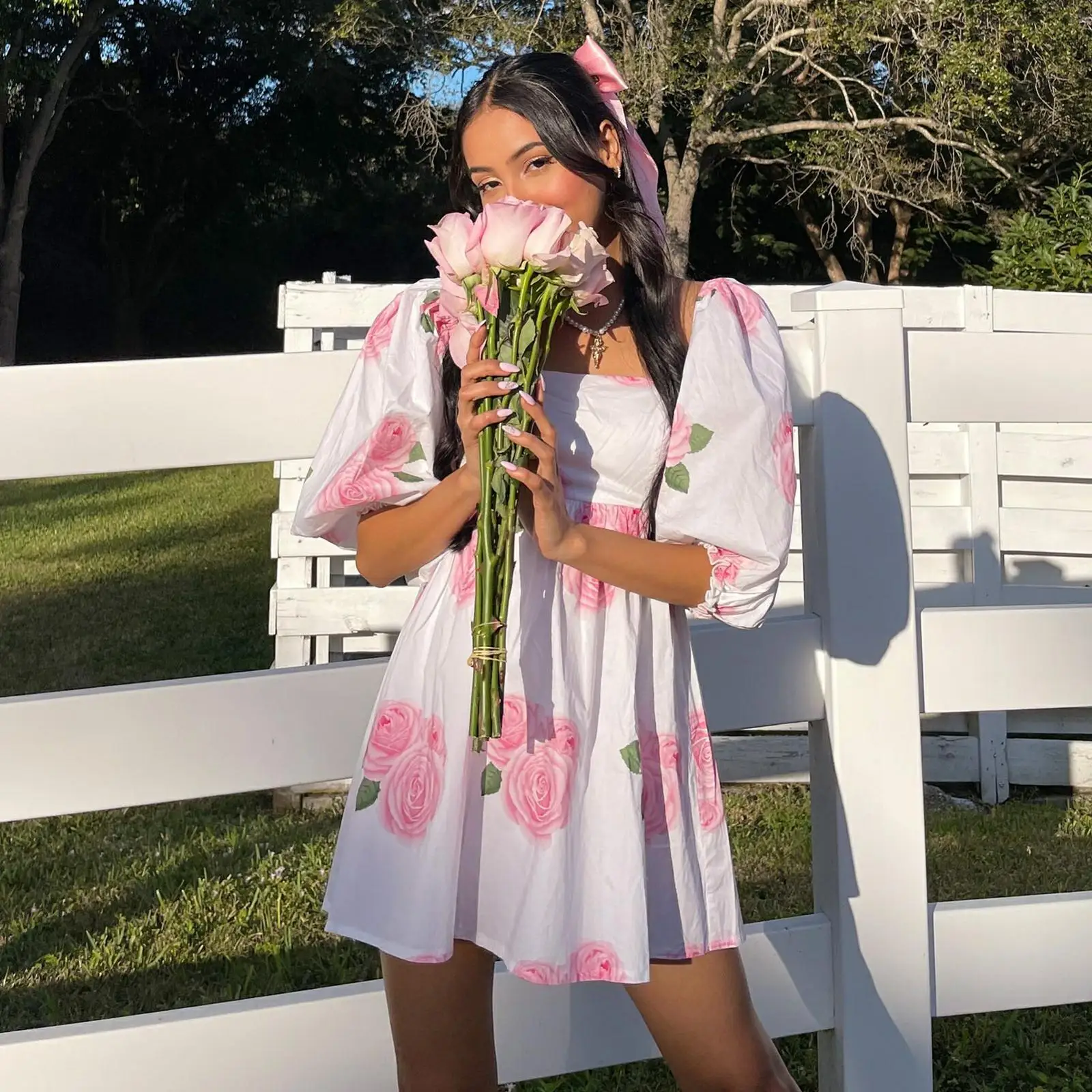 

Combhasaki y2k Kawaii Womens Low-Cut Short Lantern Sleeve Summer Floral Print Square Collar Harajuku Sweet E Girl Streetwear