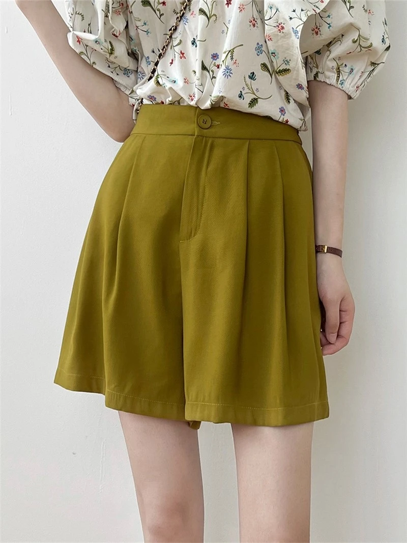 

Summer Fashion Slim Sweet Elegant Plain Elastic Waist High Waist Suit Shorts Women Casual Wide Leg Short Pants Trousers 3 Colors
