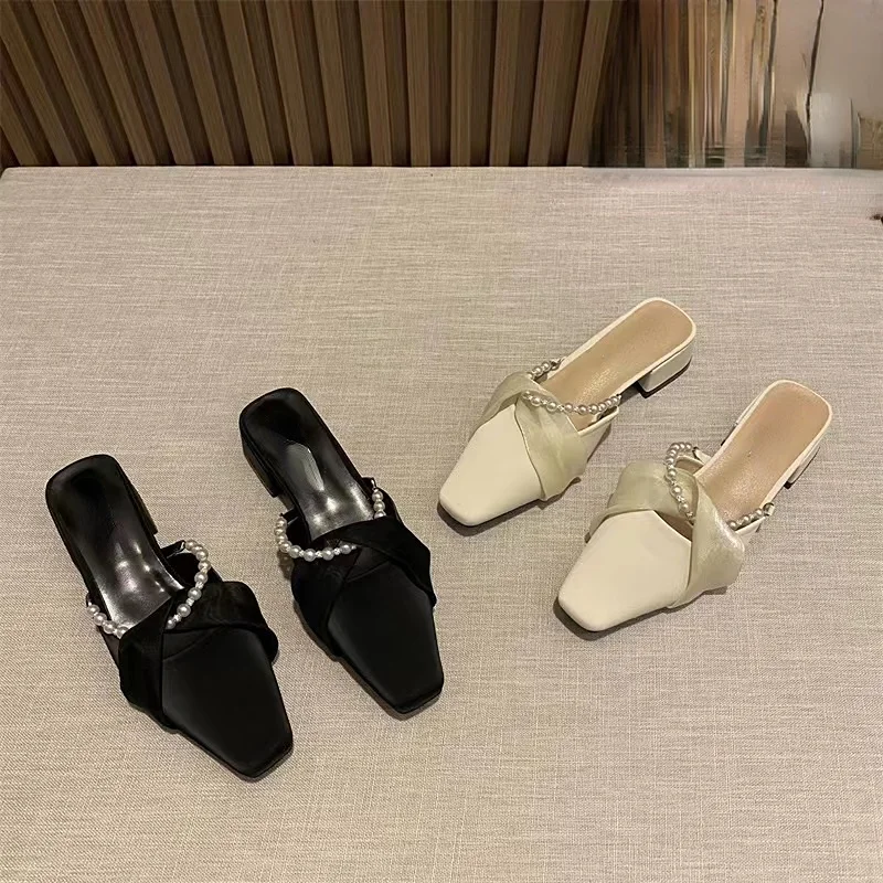 

Fairy Rhinestone Baotou Thick Heel Sandals and Slippers Women 2023 New Square Head Half Slippers Women Summer Outwear