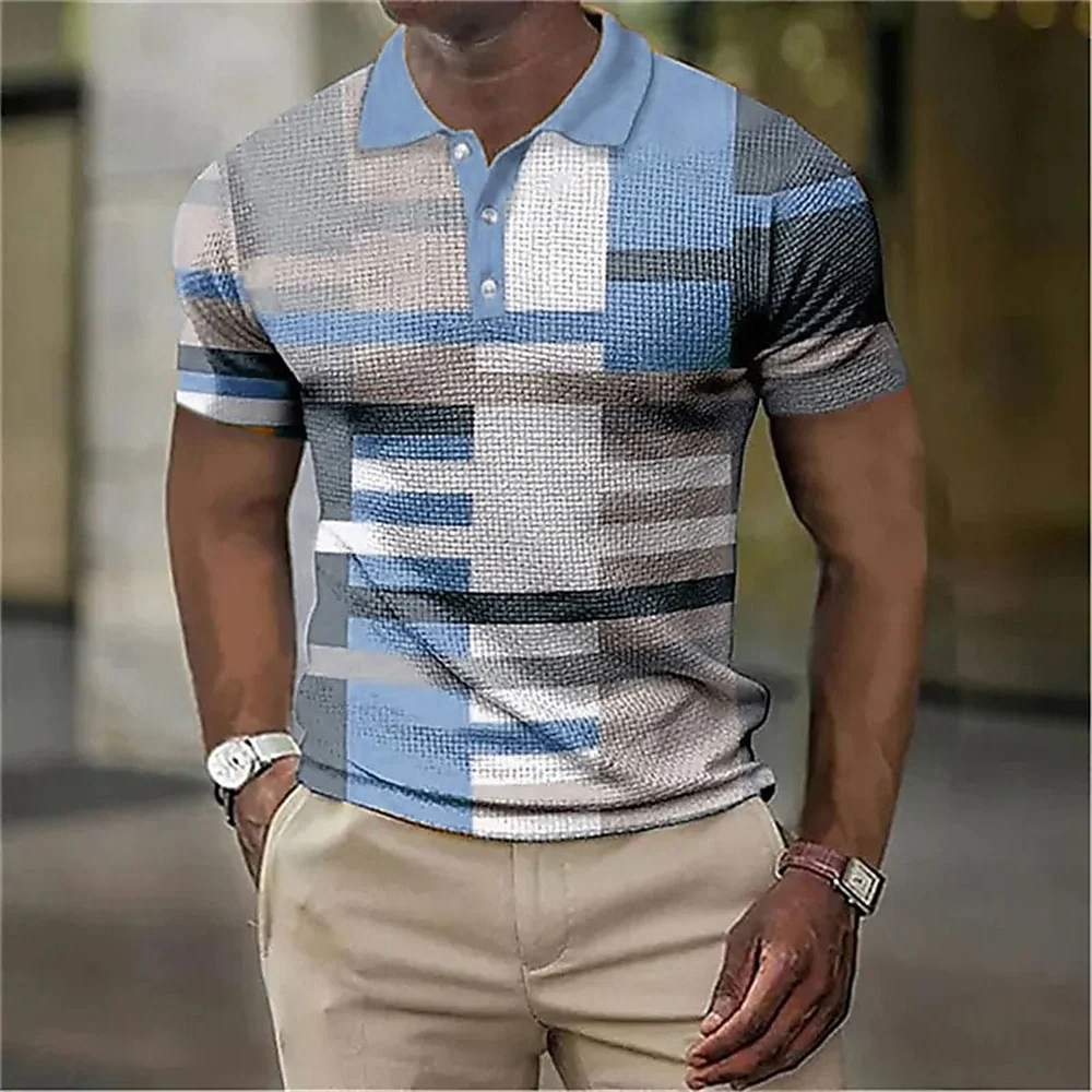 

Fashion Men'S Polo Striped Plaid Print Vintage Men'S Clothing High-Quality Top Street Casual Short Sleeved Loose Oversized Shirt