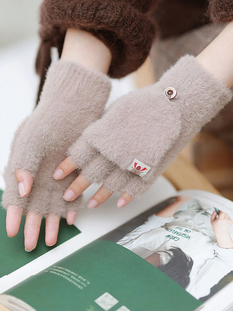

YGYEEG женские теплые и плюшевые утолщенные рандомные милые вязаные перчатки на половину пальца для девушек студентов
