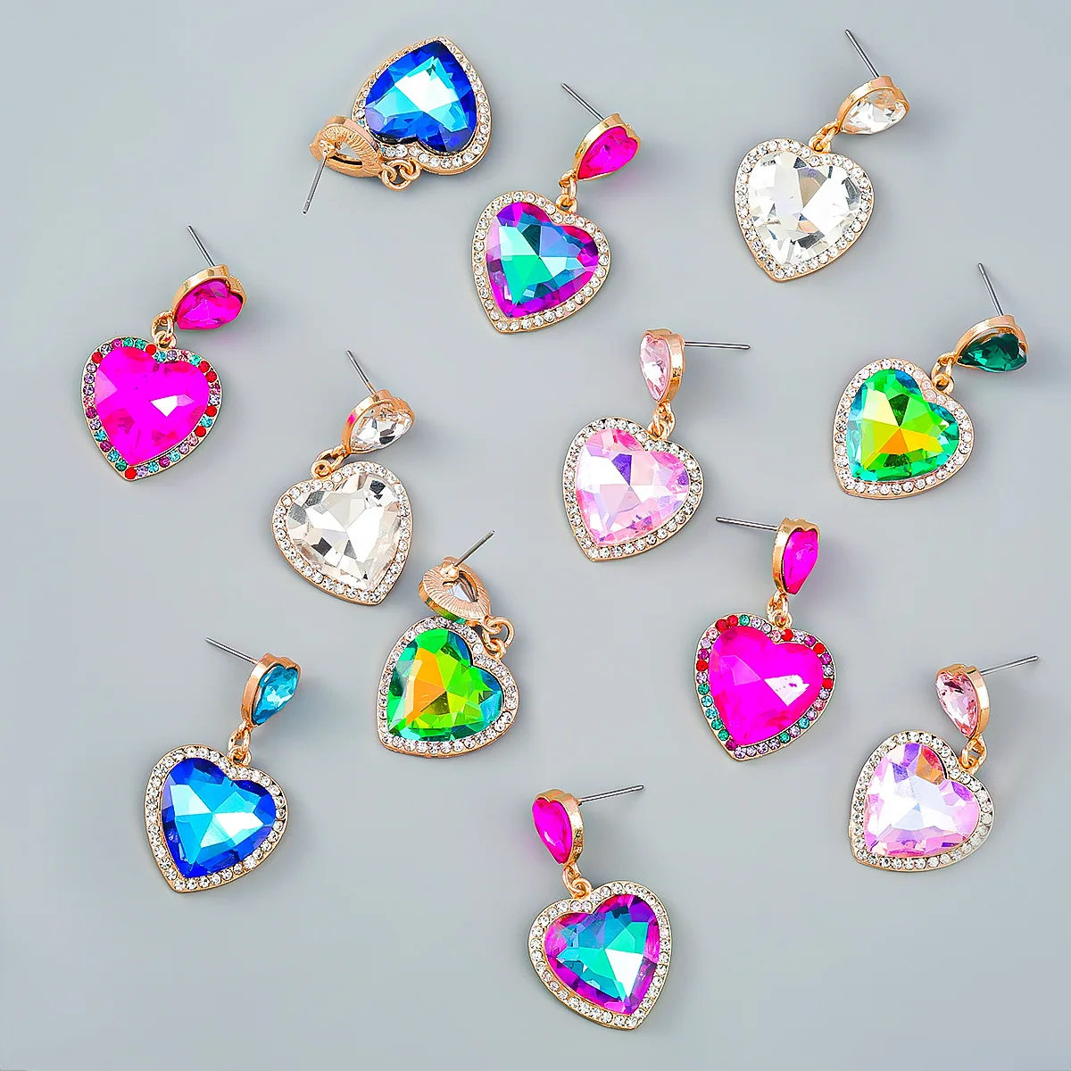 

Multi Colors Romantic Heart Women Crystal Fuchsia Zircon Drop Earrings Statement Wedding Party Jewelry