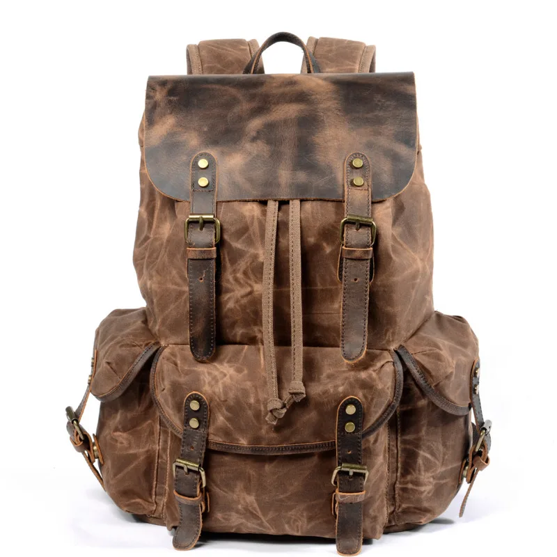 

Mens Waxed Canvas Backpack Casual Laptop Rucksack Rustic Men Wax Leather Backpacks Outdoor Travel Vintage Bookbag