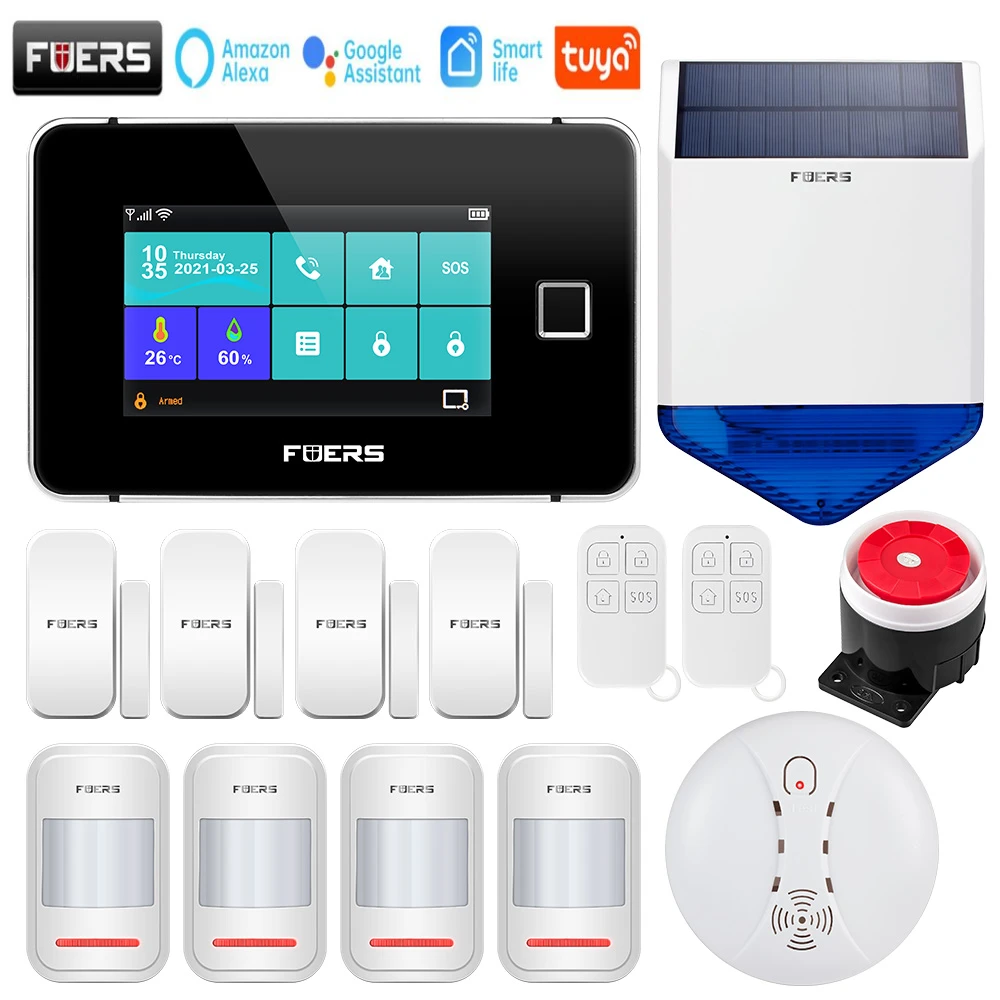 

FUERS Tuya WiFi GSM Alarm Security System Touch screen Temperature Humidity Display Fingerprint 433MHz Control Smart Home Alarm