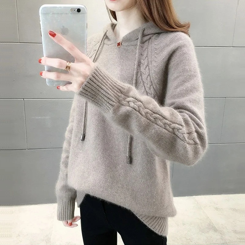 

Autumn Solid Color Hooded Knitted Women Sweater Pullover Tops Winter New Casual Long Sleeve Female Bottoming Knitwear Pull Femme