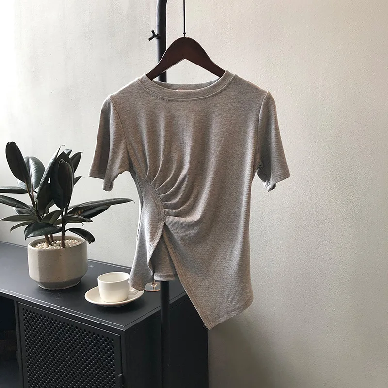 

Top Round Neck Solid Color Casual Short Sleeve Summer New Style 2022 grey