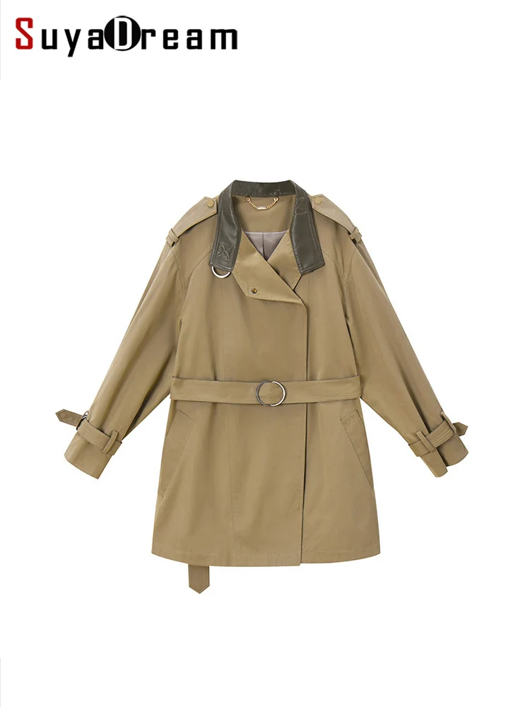 

SuyaDream Women Trench, Covered Button, Belted Chic Long Coat, 2023 Fall Winter Office Lady Outwears, Khaki