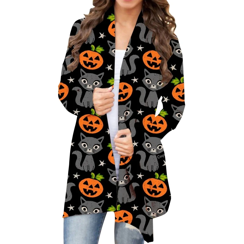 

Женский кардиган с длинным рукавом, вязаный кардиган с тыквой для Хэллоуина, теплый свитер с открытой передней частью, верхняя одежда, пальто