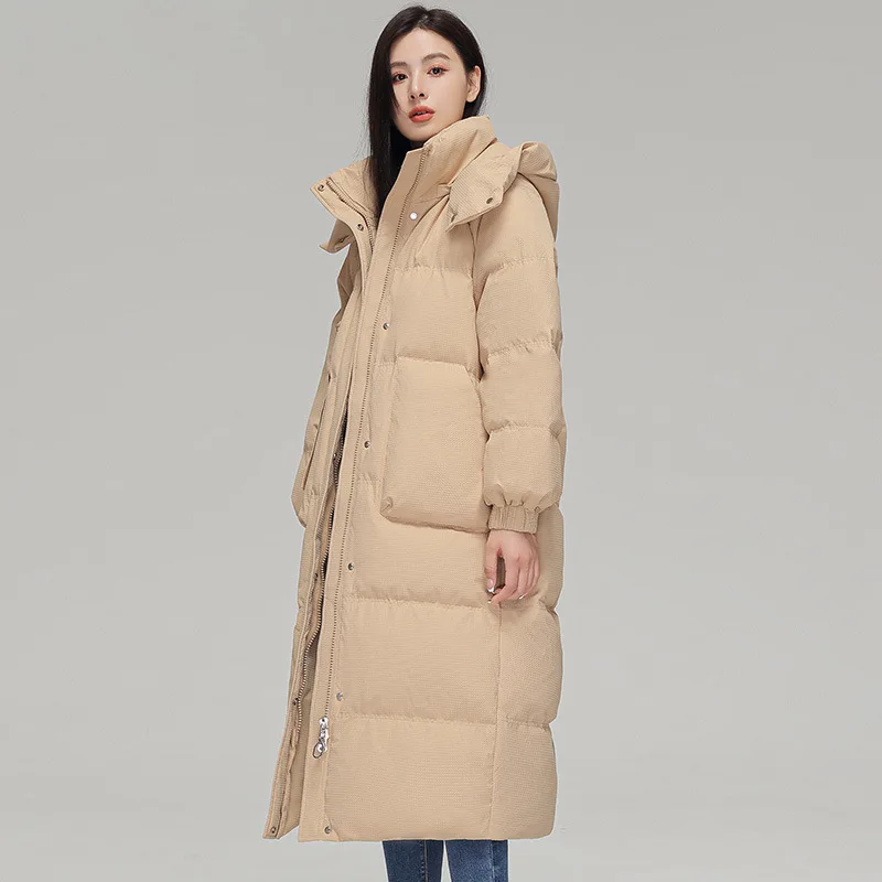 damska biała kurtka puchowa długa kołnierz z kapturem luźna ciepła gruba moda nowość zima 2024