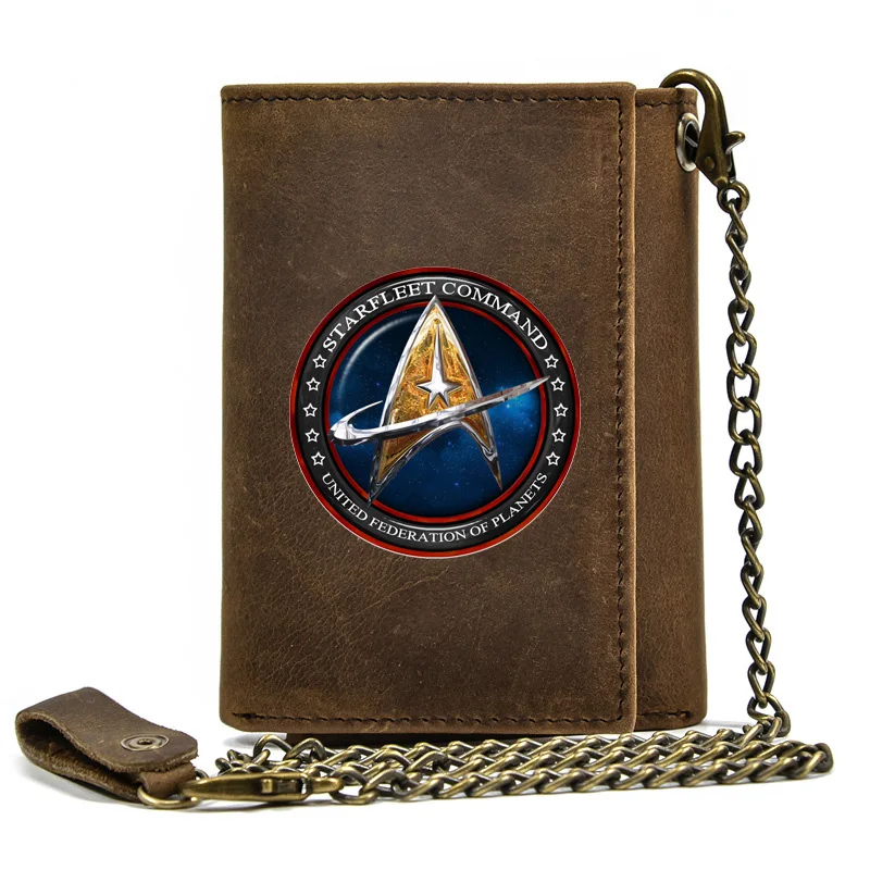 

High Quality Men Genuine Leather Wallet Anti Theft Hasp With Iron Chain Cool Starfleet Command Cover Card Holder Short Purse