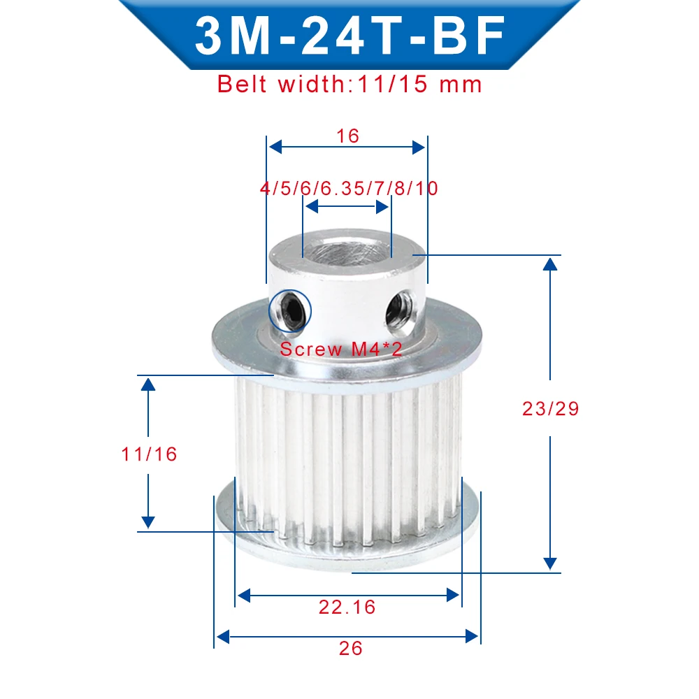 3M-24T шкив для ремня цилиндрический зуб с внутренним отверстием 5/6/6.35/7/8/10/12 мм