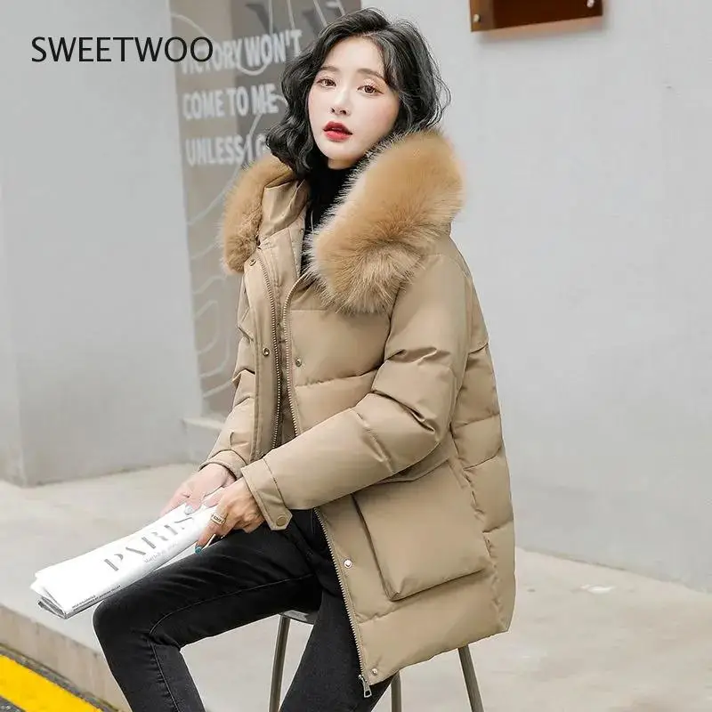 2021 New Winter Jacket Women's Parkas Big Fur Collar Overcoat Casual Long Coat Cotton Padded Parka Warm Female Jackets Outwear